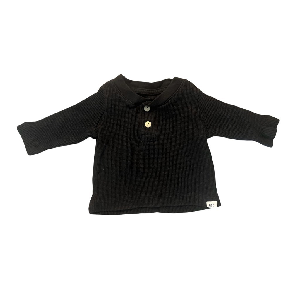 Baby Gap Black Waffle Knit Thermal Henley Long Sleeve Shirt 0-3 Months (0898)